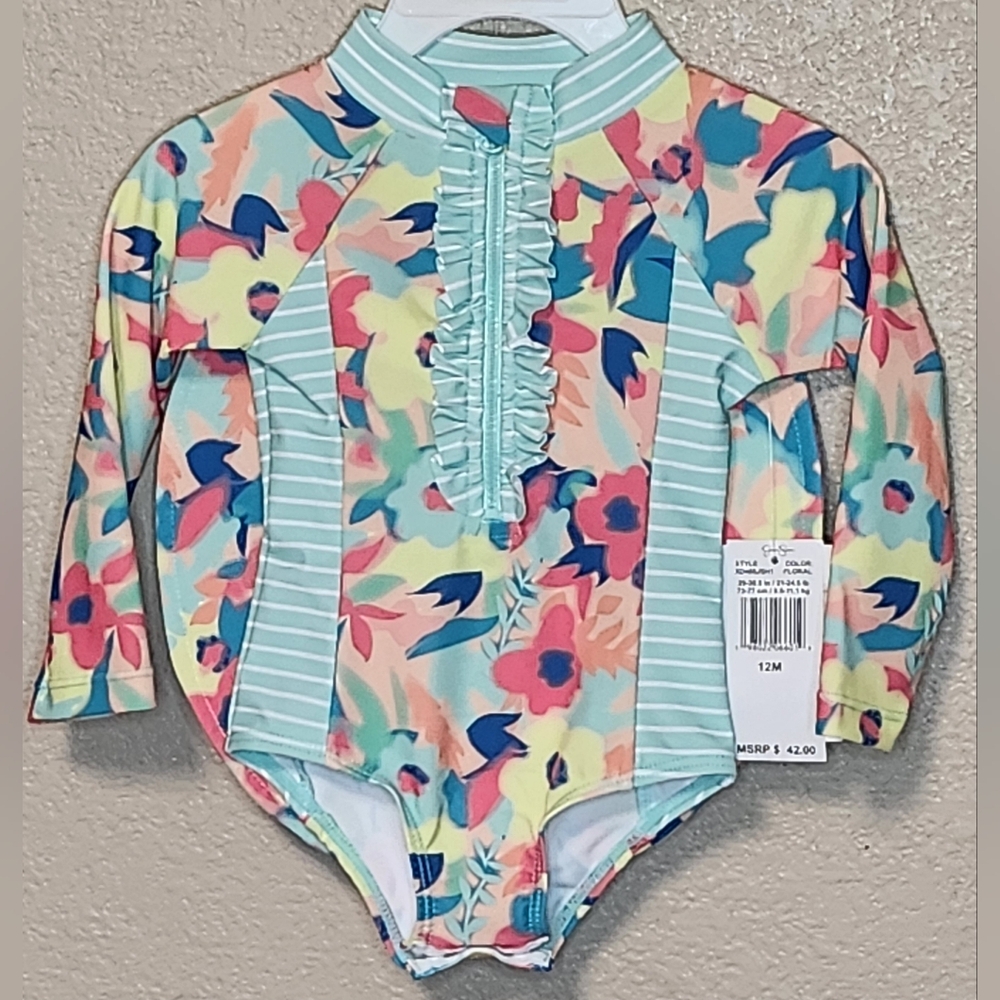 Jessica Simpson Girls Striped Ruffle Baby Swimsuit With Hat Sizes 12M And 18M